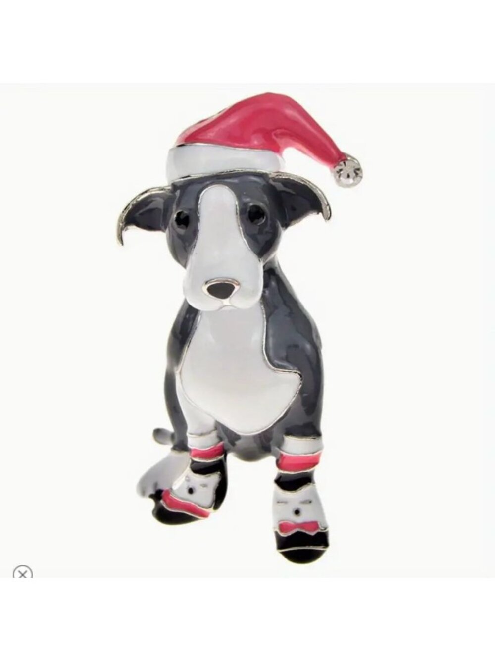 Christmas Dog Brooch With Santa Hat & Booties Gray & White